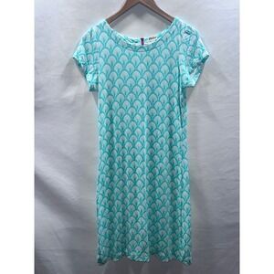 Hatley Women Turquoise White Fan Print Shift Dress S Back Zip Pink Ribbon Beach